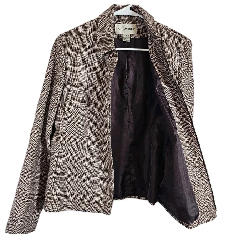 Evan Picone Jacket Blazer‎ Size 8 Hidden Zip Front Wool Plaid Lined Womens READ